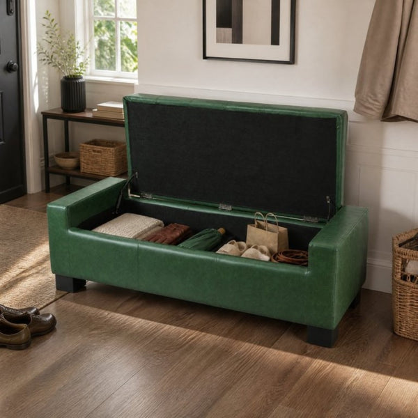 English Elm Green Button Tufted Storage Bench PU Upholstered Footrest with Rubberwood Legs Bedroom N779P458170P