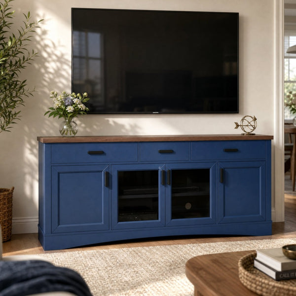 English Elm Modern Two-Tone Walnut and Blue 67 Inch TV Stand with Glass Doors Drawers Shelves N779P458843B_N779P458844B