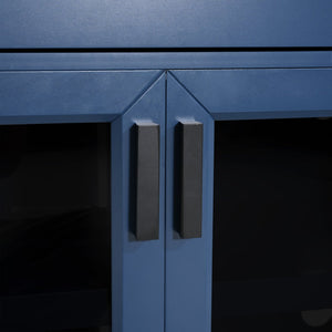 English Elm Modern Two-Tone Walnut and Blue 67 Inch TV Stand with Glass Doors Drawers Shelves N779P458843B_N779P458844B