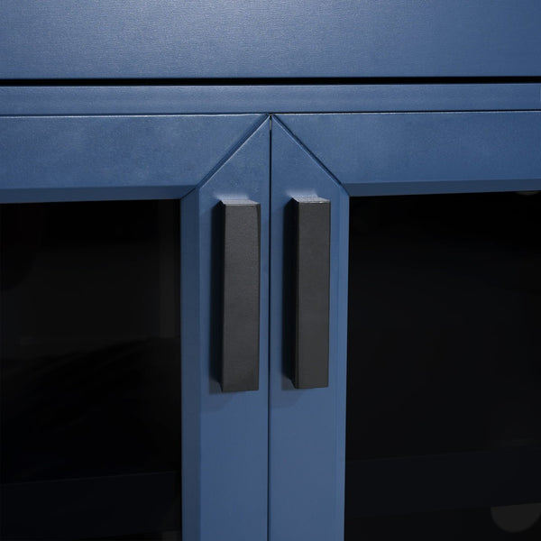 English Elm Modern Two-Tone Walnut and Blue 67 Inch TV Stand with Glass Doors Drawers Shelves N779P458843B_N779P458844B
