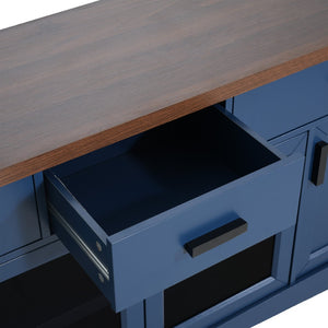 English Elm Modern Two-Tone Walnut and Blue 67 Inch TV Stand with Glass Doors Drawers Shelves N779P458843B_N779P458844B