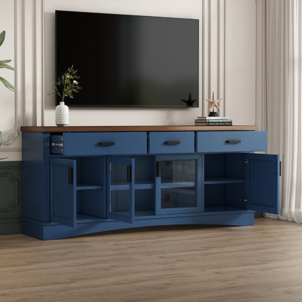 English Elm Modern Two-Tone Walnut and Blue 67 Inch TV Stand with Glass Doors Drawers Shelves N779P458843B_N779P458844B