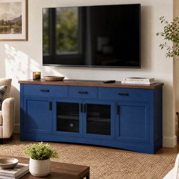 English Elm Modern Two-Tone Walnut and Blue 67 Inch TV Stand with Glass Doors Drawers Shelves N779P458843B_N779P458844B