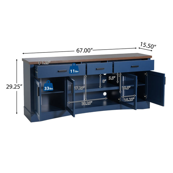 English Elm Modern Two-Tone Walnut and Blue 67 Inch TV Stand with Glass Doors Drawers Shelves N779P458843B_N779P458844B
