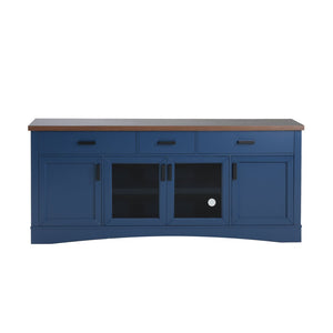 English Elm Modern Two-Tone Walnut and Blue 67 Inch TV Stand with Glass Doors Drawers Shelves N779P458843B_N779P458844B
