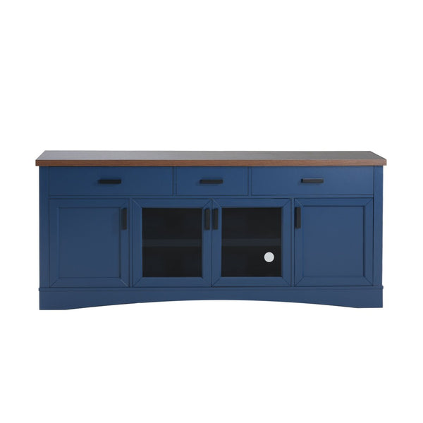 English Elm Modern Two-Tone Walnut and Blue 67 Inch TV Stand with Glass Doors Drawers Shelves N779P458843B_N779P458844B