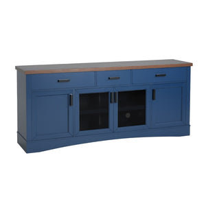 English Elm Modern Two-Tone Walnut and Blue 67 Inch TV Stand with Glass Doors Drawers Shelves N779P458843B_N779P458844B
