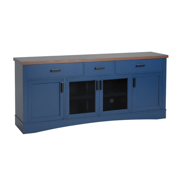 English Elm Modern Two-Tone Walnut and Blue 67 Inch TV Stand with Glass Doors Drawers Shelves N779P458843B_N779P458844B