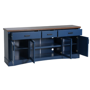 English Elm Modern Two-Tone Walnut and Blue 67 Inch TV Stand with Glass Doors Drawers Shelves N779P458843B_N779P458844B