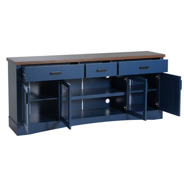 English Elm Modern Two-Tone Walnut and Blue 67 Inch TV Stand with Glass Doors Drawers Shelves N779P458843B_N779P458844B