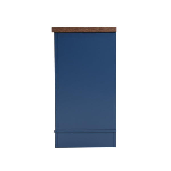 English Elm Modern Two-Tone Walnut and Blue 67 Inch TV Stand with Glass Doors Drawers Shelves N779P458843B_N779P458844B