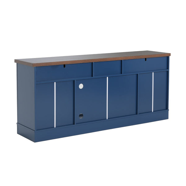 English Elm Modern Two-Tone Walnut and Blue 67 Inch TV Stand with Glass Doors Drawers Shelves N779P458843B_N779P458844B