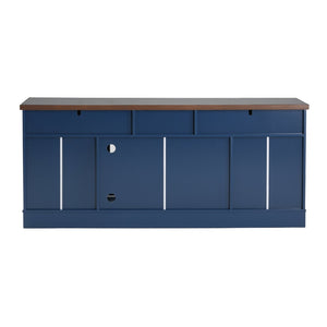 English Elm Modern Two-Tone Walnut and Blue 67 Inch TV Stand with Glass Doors Drawers Shelves N779P458843B_N779P458844B