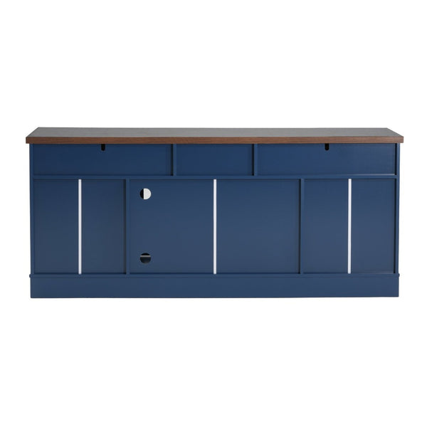 English Elm Modern Two-Tone Walnut and Blue 67 Inch TV Stand with Glass Doors Drawers Shelves N779P458843B_N779P458844B