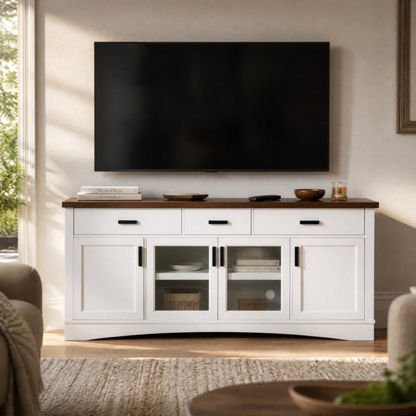 English Elm Modern Two Tone Walnut and White TV Console with Glass Doors Storage Drawers N779P458843W_N779P458844W