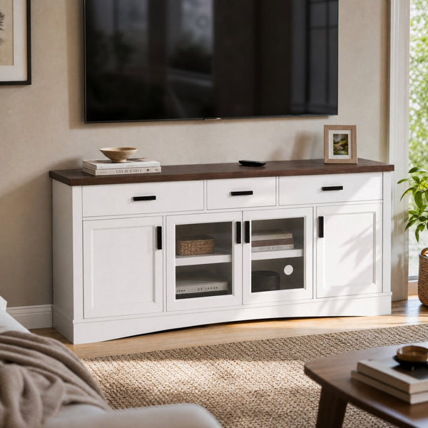English Elm Modern Two Tone Walnut and White TV Console with Glass Doors Storage Drawers N779P458843W_N779P458844W