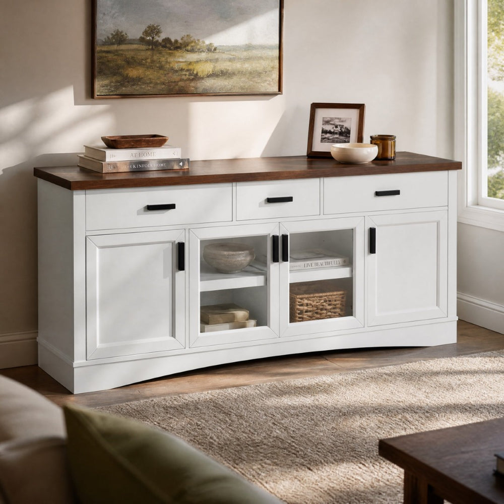 English Elm Modern Two Tone Walnut and White TV Console with Glass Doors Storage Drawers N779P458843W_N779P458844W