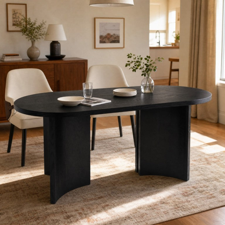 English Elm 65.35 Inch Black Oval MDF Dining Table Mid Century Sculptural Curved Legs Seats Four N779P467924B