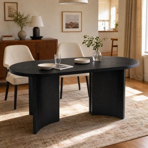 English Elm 65.35 Inch Black Oval MDF Dining Table Mid Century Sculptural Curved Legs Seats Four N779P467924B