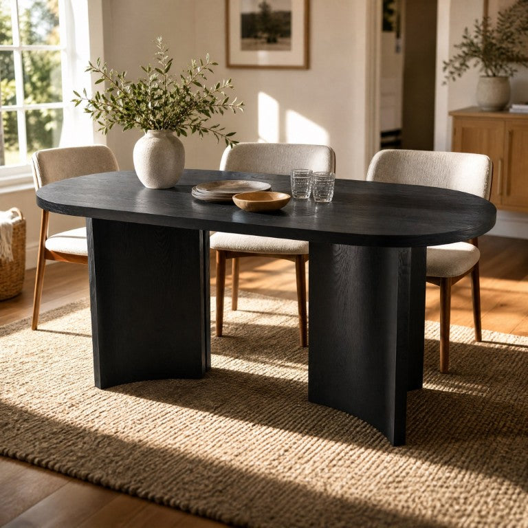 English Elm 65.35 Inch Black Oval MDF Dining Table Mid Century Sculptural Curved Legs Seats Four N779P467924B