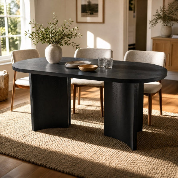 English Elm 65.35 Inch Black Oval MDF Dining Table Mid Century Sculptural Curved Legs Seats Four N779P467924B
