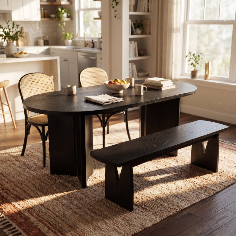 English Elm 4-Piece Oval Dining Set with Rattan Chairs Bench and Matte Black Sculptural Wood Table N779P467924B_N779P339702B_N779P192530B