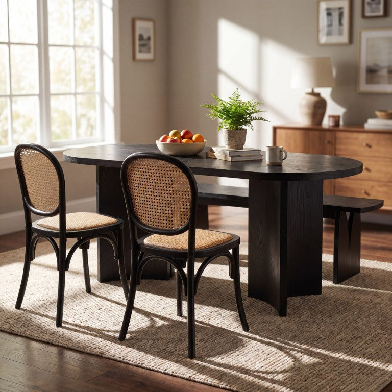 English Elm 4-Piece Oval Dining Set with Rattan Chairs Bench and Matte Black Sculptural Wood Table N779P467924B_N779P339702B_N779P192530B