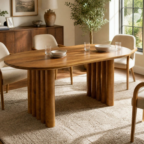 English Elm 65.35 Inch Oval MDF Dining Table with Sculptural Cylindrical Base for Modern Kitchens N779P467927B