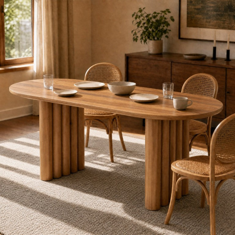 English Elm 65.35 Inch Oval MDF Dining Table with Sculptural Cylindrical Base for Modern Kitchens N779P467927B