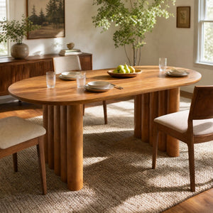 English Elm 65.35 Inch Oval MDF Dining Table with Sculptural Cylindrical Base for Modern Kitchens N779P467927B