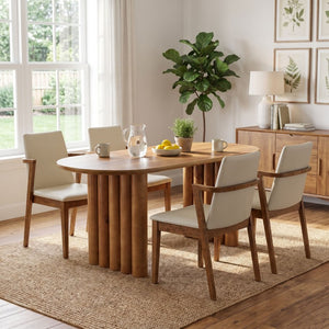 English Elm 5-Piece Oval Dining Set with Sculptural Column Table and Walnut Arm Chairs in Beige 65.35 inches N779P467927B_N779P400898P-2