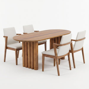 English Elm 5-Piece Oval Dining Set with Sculptural Column Table and Walnut Arm Chairs in Beige 65.35 inches N779P467927B_N779P400898P-2