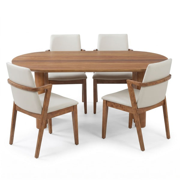 English Elm 5-Piece Oval Dining Set with Sculptural Column Table and Walnut Arm Chairs in Beige 65.35 inches N779P467927B_N779P400898P-2