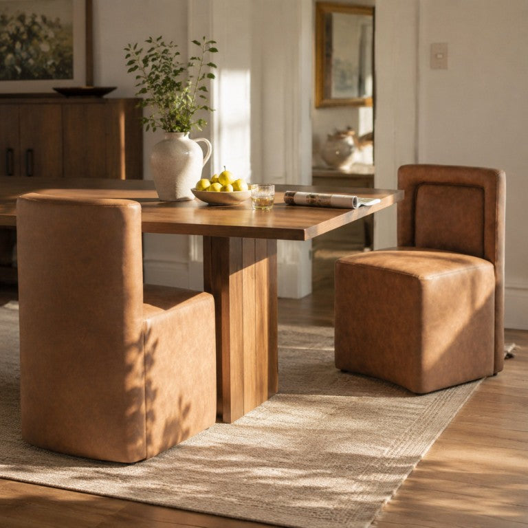 English Elm Set of 2 Vintage Grain PU Leather Dining Chairs with Block Base for Modern Kitchens N779P476589C