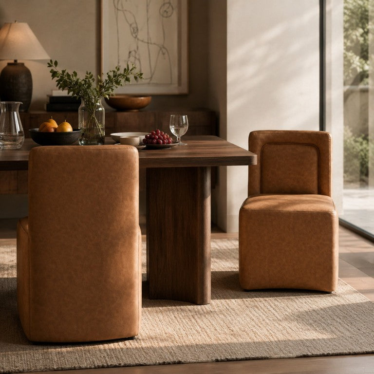 English Elm Set of 2 Vintage Grain PU Leather Dining Chairs with Block Base for Modern Kitchens N779P476589C