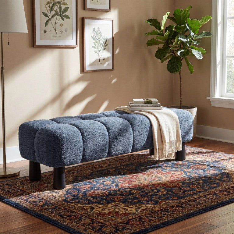 English Elm 62.6 Inch Boucle Tufted Bench Deep Blue Foam Seat Rubberwood Legs Bedroom Foot N779P476662B