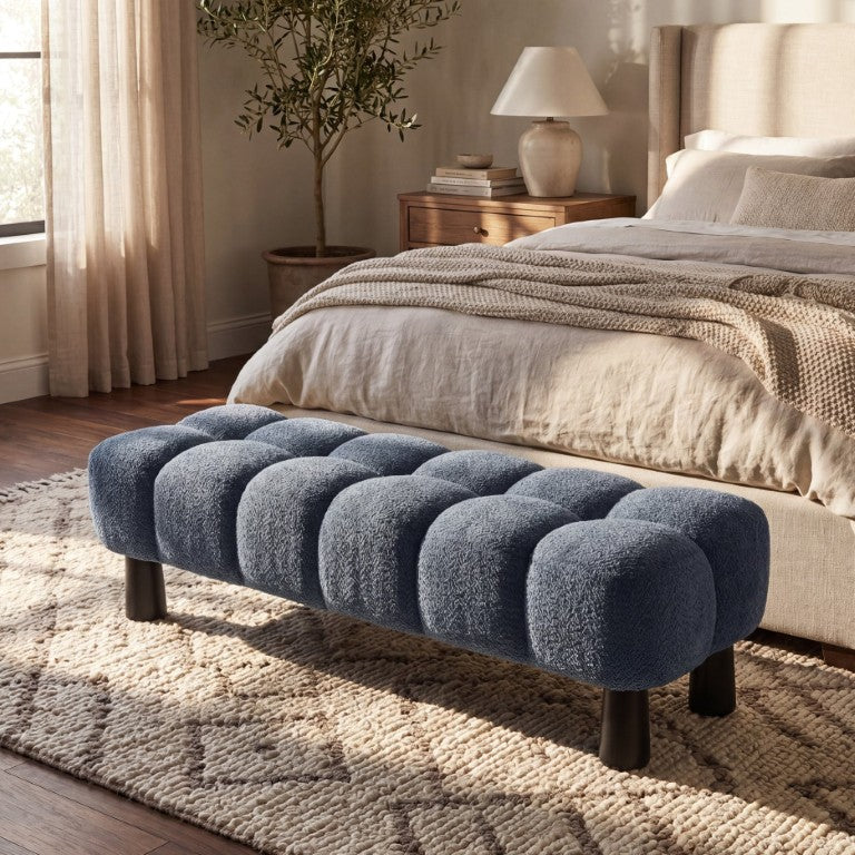 English Elm 62.6 Inch Boucle Tufted Bench Deep Blue Foam Seat Rubberwood Legs Bedroom Foot N779P476662B