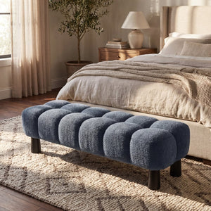 English Elm 62.6 Inch Boucle Tufted Bench Deep Blue Foam Seat Rubberwood Legs Bedroom Foot N779P476662B