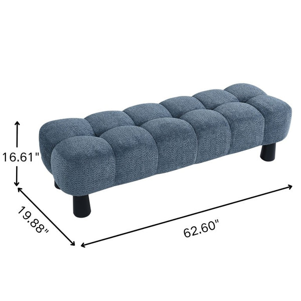 English Elm 62.6 Inch Boucle Tufted Bench Deep Blue Foam Seat Rubberwood Legs Bedroom Foot N779P476662B