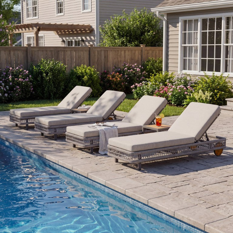 English Elm Outdoor Hand Woven Rope Chaise Lounge Steel Frame Reclining Poolside Sun Bed Gray Set of 4 N779P493743H-4