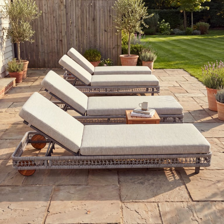 English Elm Outdoor Hand Woven Rope Chaise Lounge Steel Frame Reclining Poolside Sun Bed Gray Set of 4 N779P493743H-4