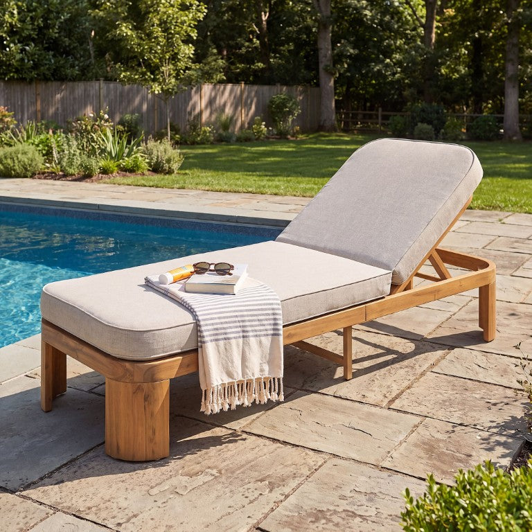 English Elm Outdoor Acacia Wood Chaise Lounge with Five Position Backrest and Beige Cushion Teak Set of 1 N779P501171T