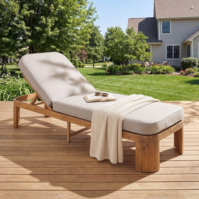 English Elm Outdoor Acacia Wood Chaise Lounge with Five Position Backrest and Beige Cushion Teak Set of 1 N779P501171T