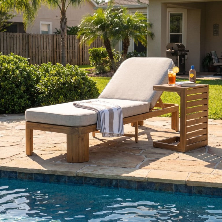 English Elm Outdoor Acacia Wood Reclining Chaise Lounge with C-Shaped Side Table for Patio Decks Teak Set of 1 N779P501171T_N779P192788B