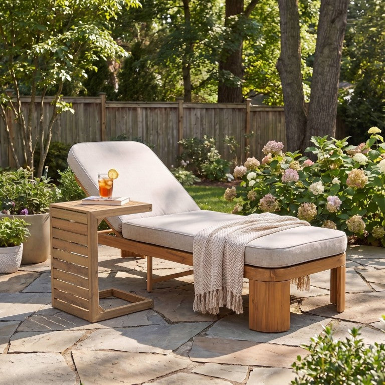 English Elm Outdoor Acacia Wood Reclining Chaise Lounge with C-Shaped Side Table for Patio Decks Teak Set of 1 N779P501171T_N779P192788B