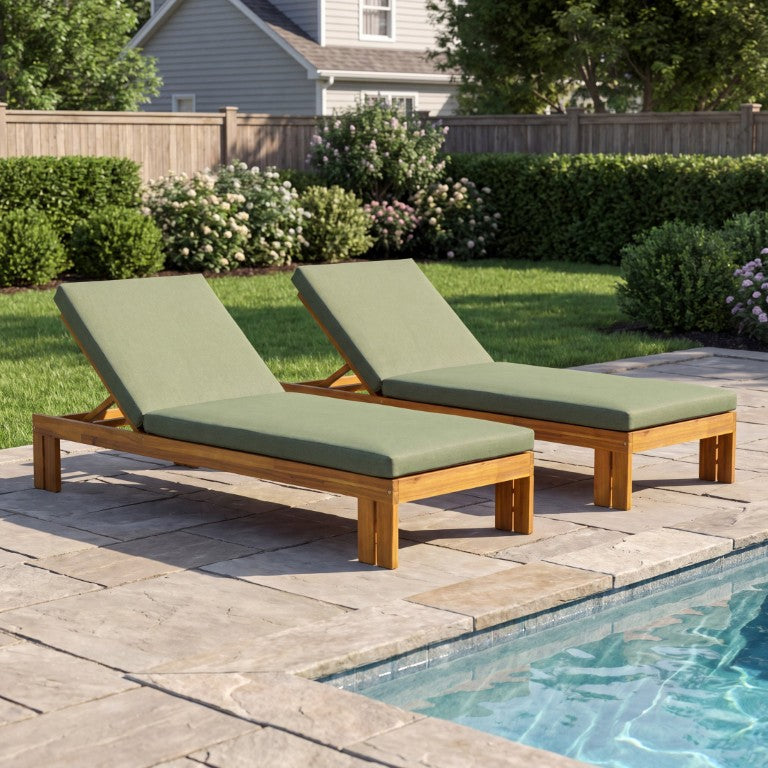 English Elm Outdoor Acacia Wood Chaise Lounge with Five Position Backrest for Patio Poolside Green Set of 2 N779P506024G-2
