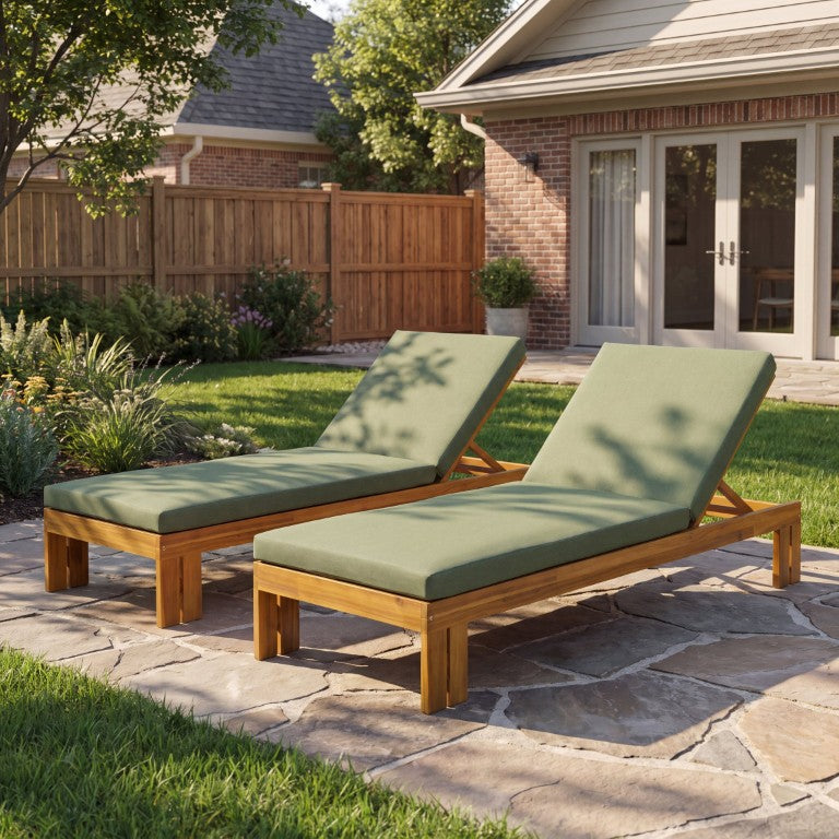 English Elm Outdoor Acacia Wood Chaise Lounge with Five Position Backrest for Patio Poolside Green Set of 2 N779P506024G-2