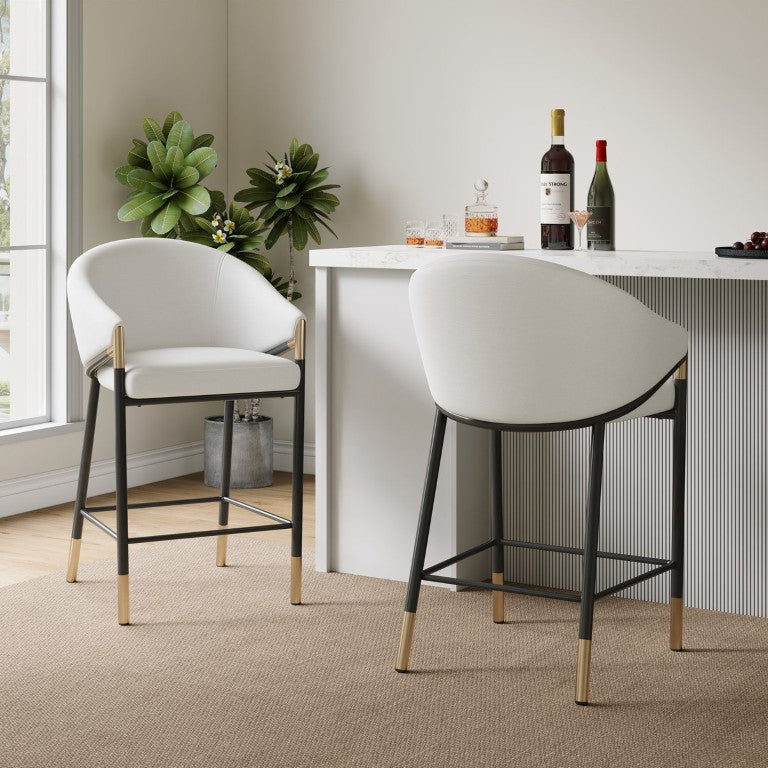 English Elm 26 Inch Modern Counter Stools Beige Upholstered Seat Gold Accent Metal Frame Set of 2 N780P270132A