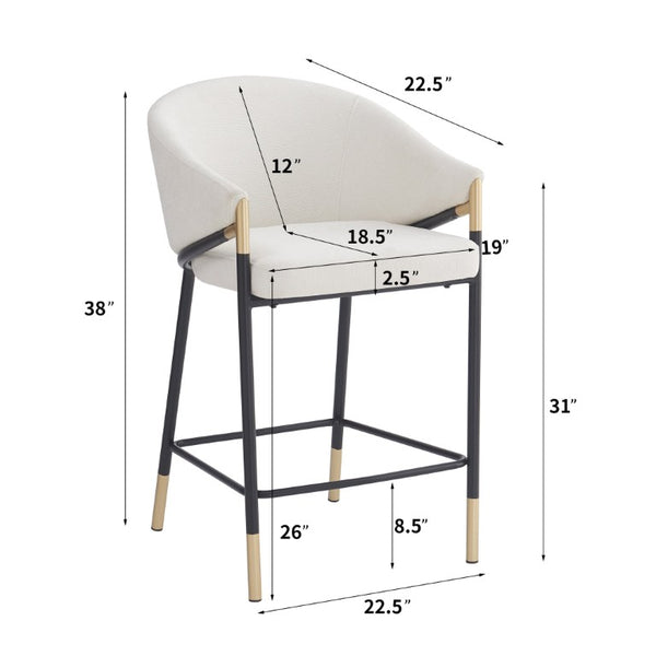 English Elm 26 Inch Modern Counter Stools Beige Upholstered Seat Gold Accent Metal Frame Set of 2 N780P270132A