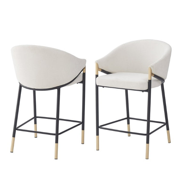 English Elm 26 Inch Modern Counter Stools Beige Upholstered Seat Gold Accent Metal Frame Set of 2 N780P270132A